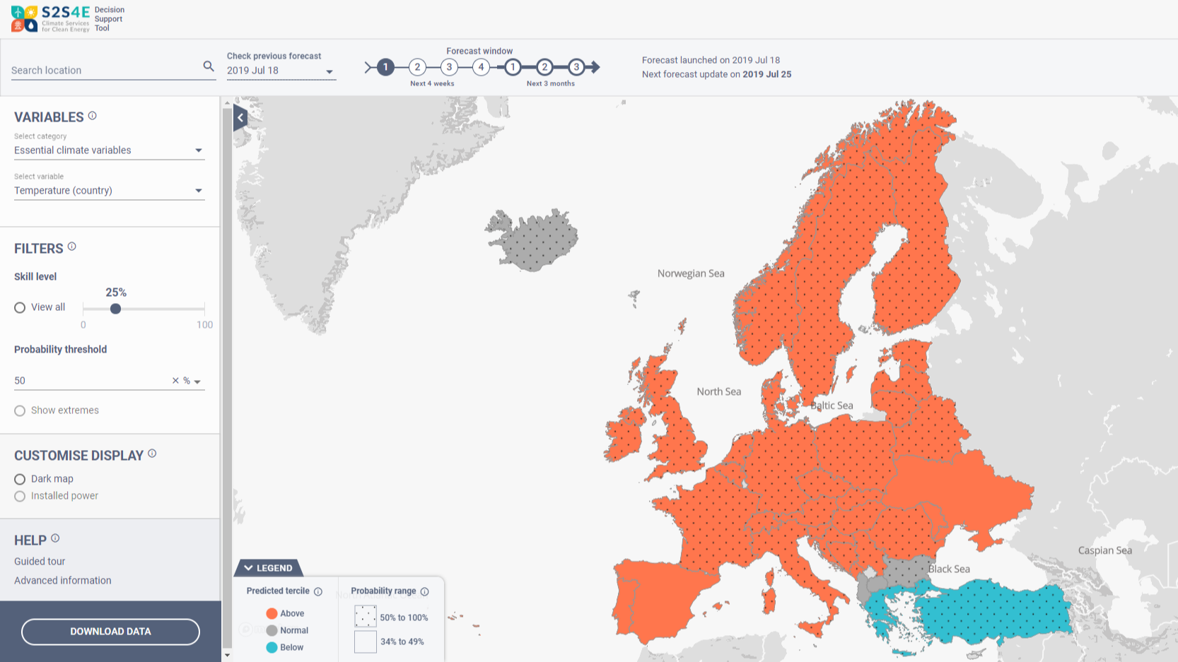 The DST demonstrates highly likely, above normal temperatures in Europe